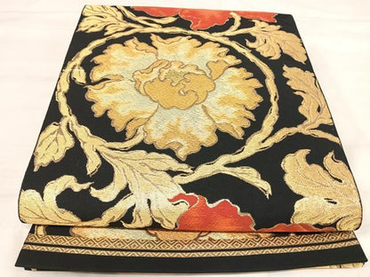 平和屋着物◎六通柄袋帯　唐織　草花文　黒地　金銀糸　正絹　逸品　AABJ0587yx