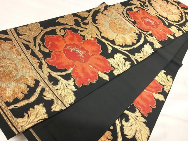 平和屋着物◎六通柄袋帯　唐織　草花文　黒地　金銀糸　正絹　逸品　AABJ0587yx