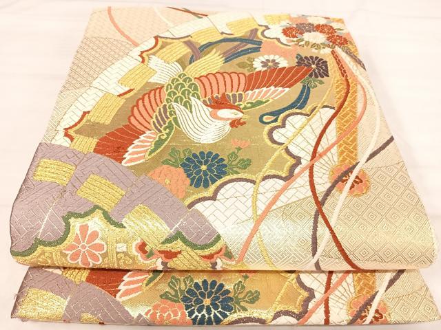 平和屋着物◎佐賀錦　六通柄袋帯　唐織　扇面花鳥文　金糸　正絹　逸品　AABJ0589yx