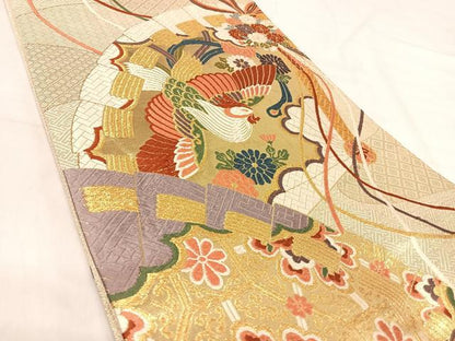 平和屋着物◎佐賀錦　六通柄袋帯　唐織　扇面花鳥文　金糸　正絹　逸品　AABJ0589yx