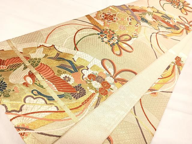平和屋着物◎佐賀錦　六通柄袋帯　唐織　扇面花鳥文　金糸　正絹　逸品　AABJ0589yx