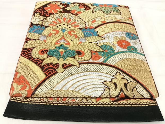 平和屋着物◎六通柄袋帯　更紗花文　黒地　金銀糸　正絹　逸品　AABJ0591yx