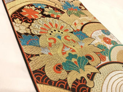 平和屋着物◎六通柄袋帯　更紗花文　黒地　金銀糸　正絹　逸品　AABJ0591yx