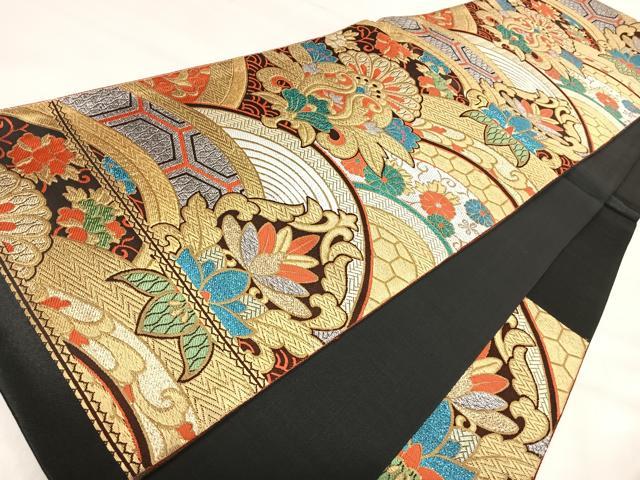 平和屋着物◎六通柄袋帯　更紗花文　黒地　金銀糸　正絹　逸品　AABJ0591yx