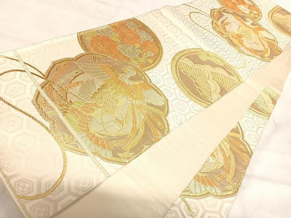 平和屋着物◎六通柄袋帯　鏡裏花鳥文　金糸　正絹　逸品　AABJ0615yx