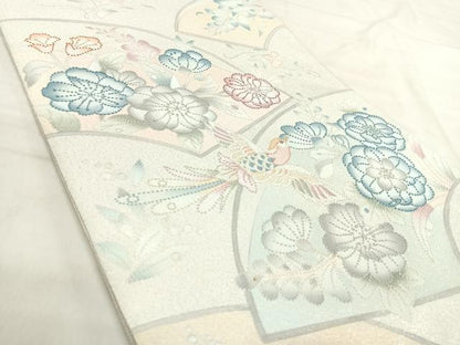 平和屋着物◎中国三大刺繍　相良刺繍　綴れ　太鼓柄袋帯　辻が花　地紙花鳥文　銀糸　正絹　逸品　AABJ0641yx