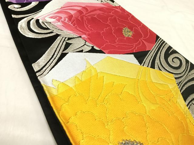 平和屋着物◎六通柄袋帯　唐織　牡丹　黒地　金銀糸　正絹　逸品　AABJ0661yx