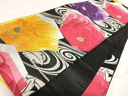 平和屋着物◎六通柄袋帯　唐織　牡丹　黒地　金銀糸　正絹　逸品　AABJ0661yx