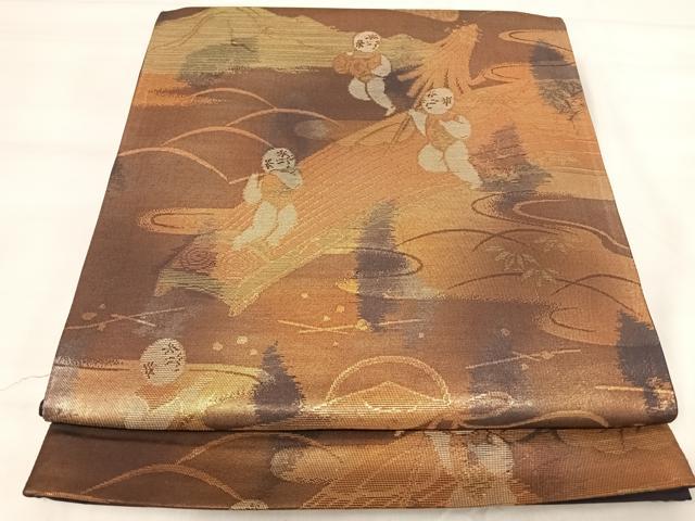 平和屋着物◎六通柄袋帯　唐子　金糸　引箔　正絹　逸品　AABJ0665yx