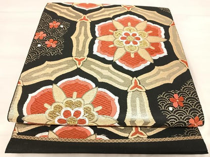 平和屋着物◎六通柄袋帯　唐織　飾花文　黒地　金糸　正絹　逸品　AABJ0667yx