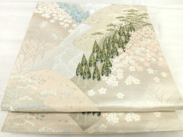 平和屋着物◎西陣　服部織物謹製　六通柄袋帯　唐織　遠山風景文　金銀糸　正絹　逸品　AABJ0670yx