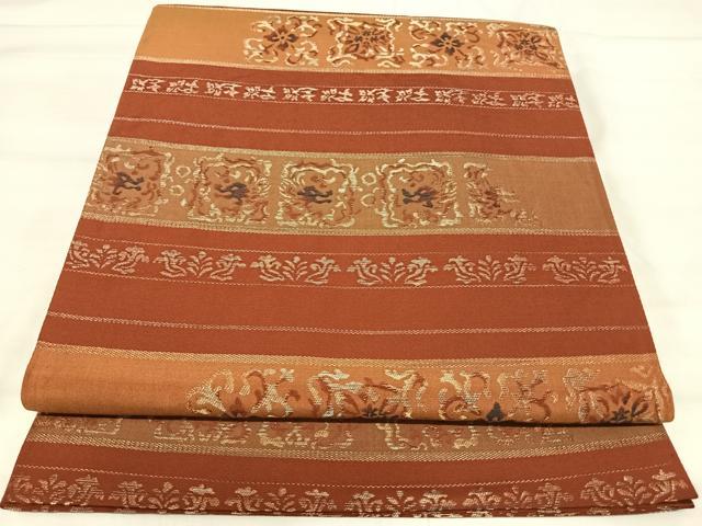 平和屋着物◎六通柄袋帯　横段花文　金糸　正絹　逸品　AABJ0671yx