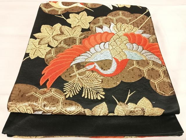 平和屋着物◎六通柄袋帯　唐織　飛鶴文　黒地　金銀糸　正絹　逸品　AABJ0673yx