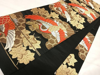 平和屋着物◎六通柄袋帯　唐織　飛鶴文　黒地　金銀糸　正絹　逸品　AABJ0673yx