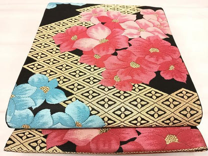 平和屋着物◎六通柄袋帯　唐織　舞花文　黒地　金糸　正絹　逸品　AABJ0679yx