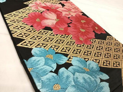 平和屋着物◎六通柄袋帯　唐織　舞花文　黒地　金糸　正絹　逸品　AABJ0679yx