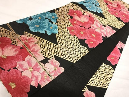 平和屋着物◎六通柄袋帯　唐織　舞花文　黒地　金糸　正絹　逸品　AABJ0679yx
