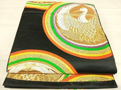 平和屋着物◎六通柄袋帯　唐織　鶴　黒地　金銀糸　正絹　逸品　AABJ0681yx