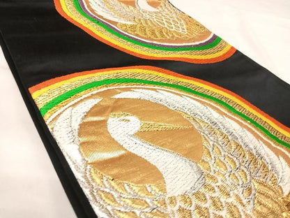 平和屋着物◎六通柄袋帯　唐織　鶴　黒地　金銀糸　正絹　逸品　AABJ0681yx