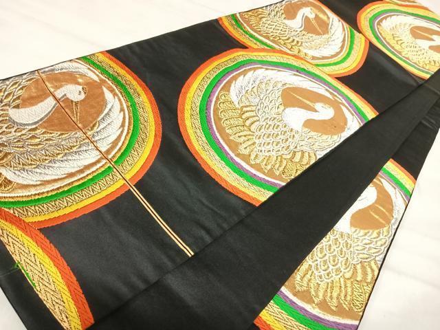平和屋着物◎六通柄袋帯　唐織　鶴　黒地　金銀糸　正絹　逸品　AABJ0681yx