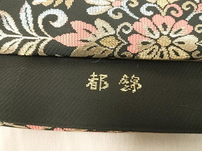 平和屋着物◎西陣まいづる謹製　六通柄　本袋帯　飾花文　黒地　金糸　正絹　逸品　AABJ0684yx