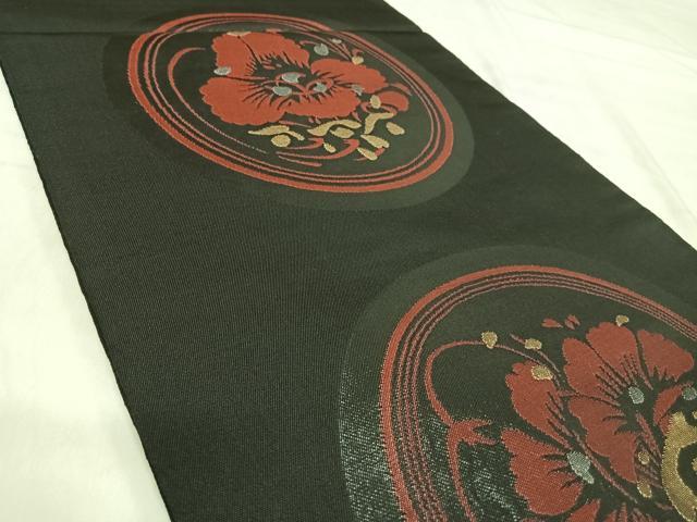 平和屋着物◎六通柄　本袋帯　花丸文　黒地　金銀糸　正絹　逸品　AABJ0691yx
