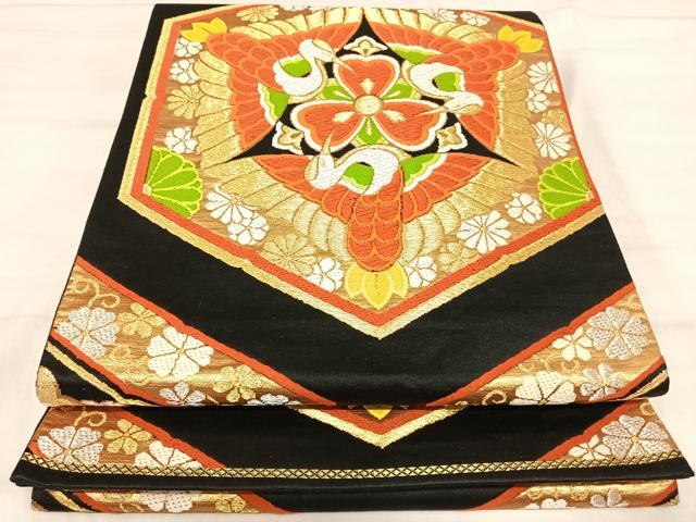 平和屋着物◎六通柄袋帯　唐織　向かい鳥花文　黒地　金銀糸　正絹　逸品　AABJ0692yx