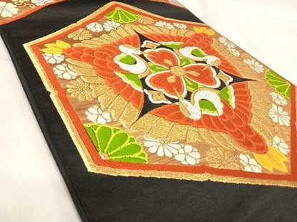 平和屋着物◎六通柄袋帯　唐織　向かい鳥花文　黒地　金銀糸　正絹　逸品　AABJ0692yx