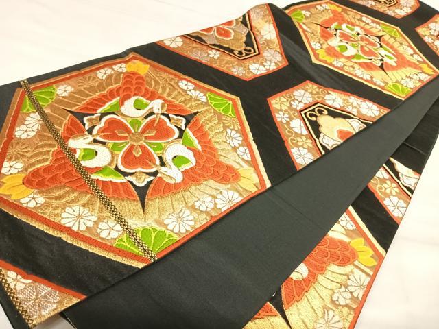 平和屋着物◎六通柄袋帯　唐織　向かい鳥花文　黒地　金銀糸　正絹　逸品　AABJ0692yx