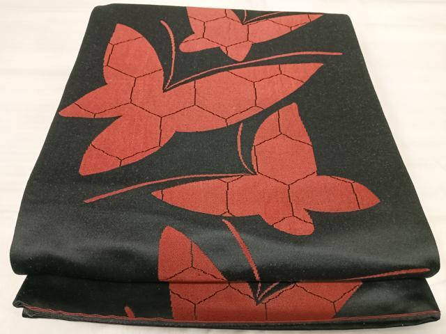 平和屋着物◎六通柄　京袋帯　舞蝶文　黒地　正絹　逸品　AABJ0695yx