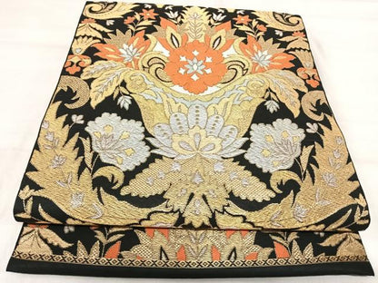 平和屋着物◎六通柄　本袋帯　唐織　飾花文　黒地　金銀糸　正絹　逸品　AABJ0696yx