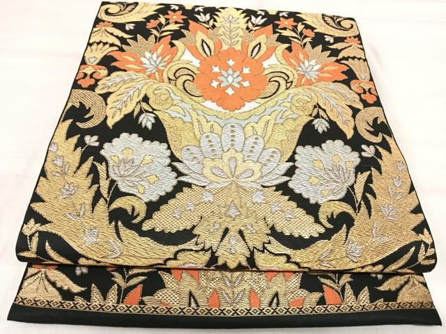 平和屋着物◎六通柄　本袋帯　唐織　飾花文　黒地　金銀糸　正絹　逸品　AABJ0696yx