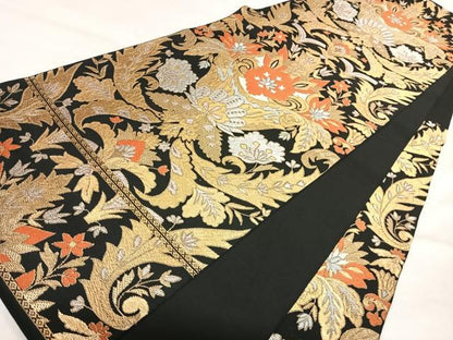 平和屋着物◎六通柄　本袋帯　唐織　飾花文　黒地　金銀糸　正絹　逸品　AABJ0696yx