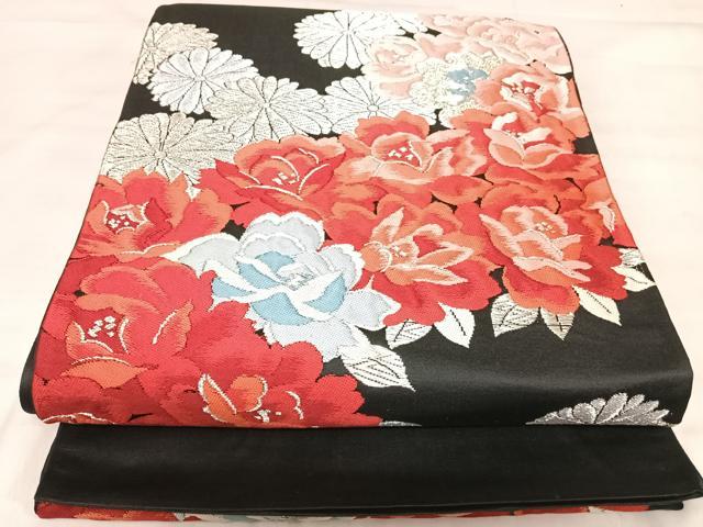 平和屋着物◎六通柄袋帯　唐織　花づくし　黒地　金銀糸　正絹　逸品　AABJ0703yx