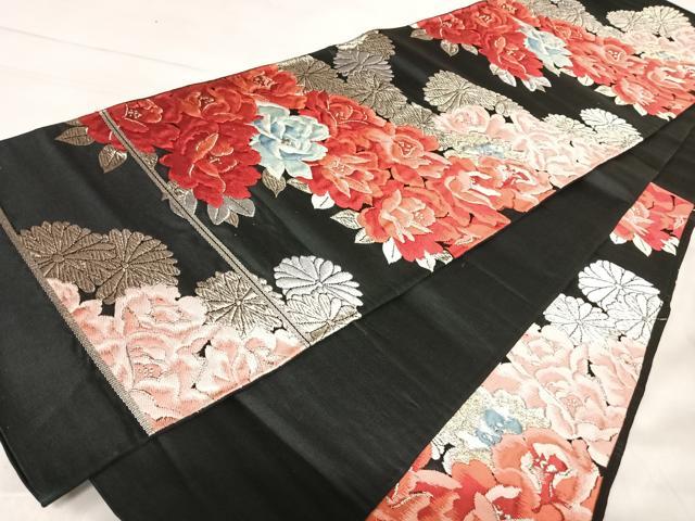 平和屋着物◎六通柄袋帯　唐織　花づくし　黒地　金銀糸　正絹　逸品　AABJ0703yx