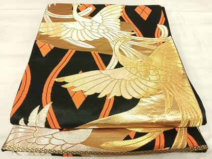 平和屋着物◎六通柄袋帯　飛鶴文　黒地　金糸　正絹　逸品　AABJ0704yx