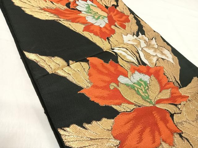 平和屋着物◎六通柄袋帯　唐織　草花文　黒地　金糸　正絹　逸品　AABJ0706yx