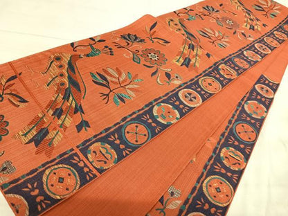 平和屋着物◎六通柄袋帯　孔雀花文　正絹　逸品　AABJ0707yx