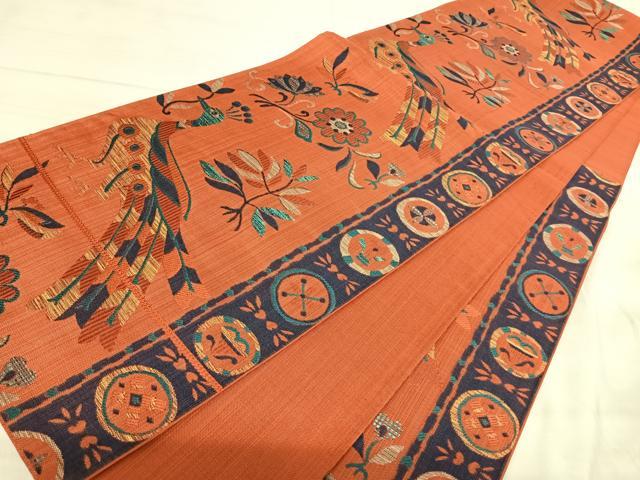 平和屋着物◎六通柄袋帯　孔雀花文　正絹　逸品　AABJ0707yx