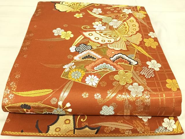 平和屋着物◎六通柄袋帯　唐織　花蝶文　金糸　正絹　逸品　AABJ0708yx