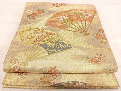 平和屋着物◎六通柄袋帯　扇面花文　金糸　正絹　逸品　AABJ0714yx