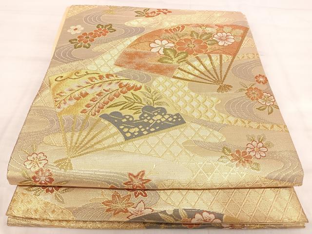 平和屋着物◎六通柄袋帯　扇面花文　金糸　正絹　逸品　AABJ0714yx