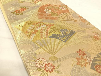 平和屋着物◎六通柄袋帯　扇面花文　金糸　正絹　逸品　AABJ0714yx