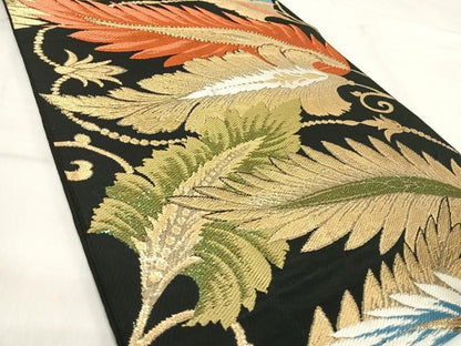 平和屋着物◎六通柄　京本袋帯　唐織　枝葉文　黒地　金糸　正絹　逸品　AABJ0715yx