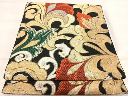 平和屋着物◎西陣　六通柄　京本袋帯　更紗唐草文　黒地　金糸　正絹　逸品　AABJ0717yx