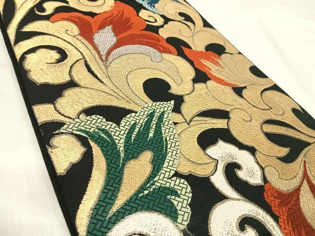 平和屋着物◎西陣　六通柄　京本袋帯　更紗唐草文　黒地　金糸　正絹　逸品　AABJ0717yx