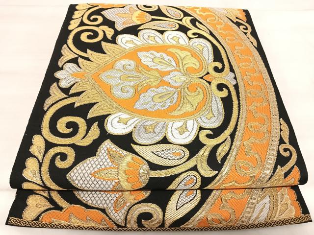 平和屋着物◎六通柄　本袋帯　都錦　更紗花文　黒地　金銀糸　正絹　逸品　AABJ0719yx