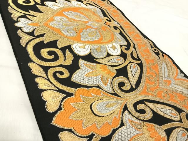 平和屋着物◎六通柄　本袋帯　都錦　更紗花文　黒地　金銀糸　正絹　逸品　AABJ0719yx