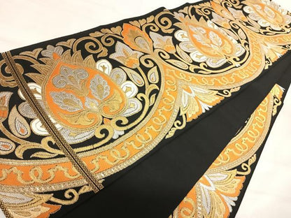 平和屋着物◎六通柄　本袋帯　都錦　更紗花文　黒地　金銀糸　正絹　逸品　AABJ0719yx
