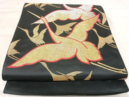 平和屋着物◎六通柄袋帯　飛鶴文　黒地　金銀糸　正絹　逸品　AABJ0722yx
